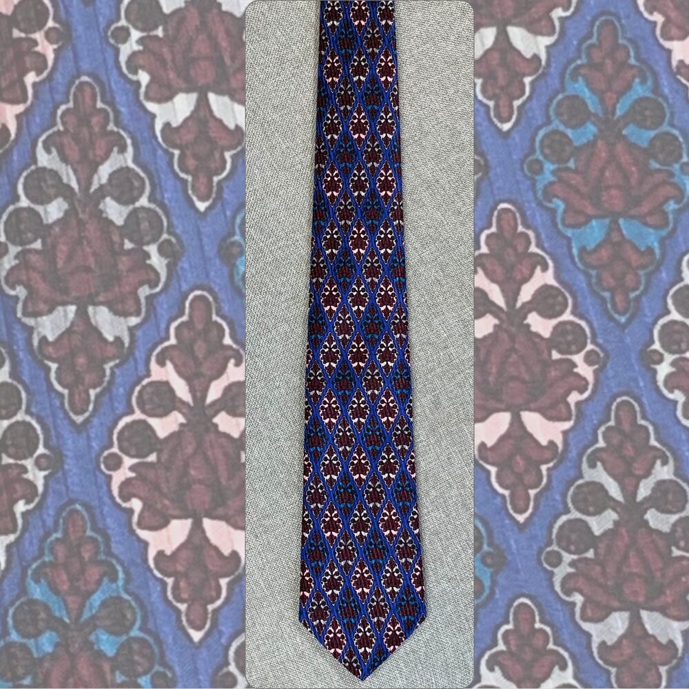 Adolfo Silk Necktie Blue Burgundy Medallion Damask Made in Italy Mens Tie